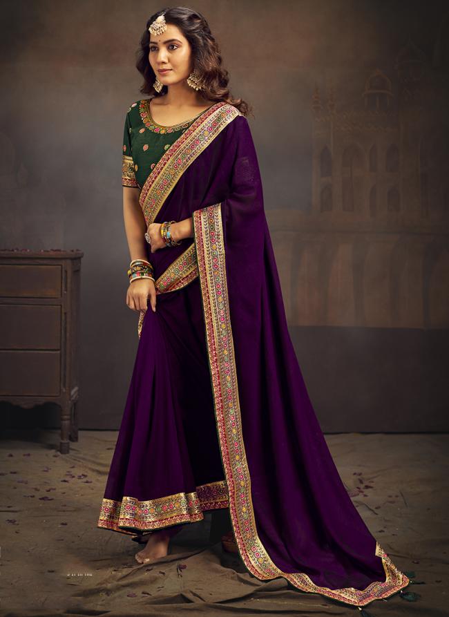 Vichitra Blooming Purple Wedding Wear Embroidery Work Saree